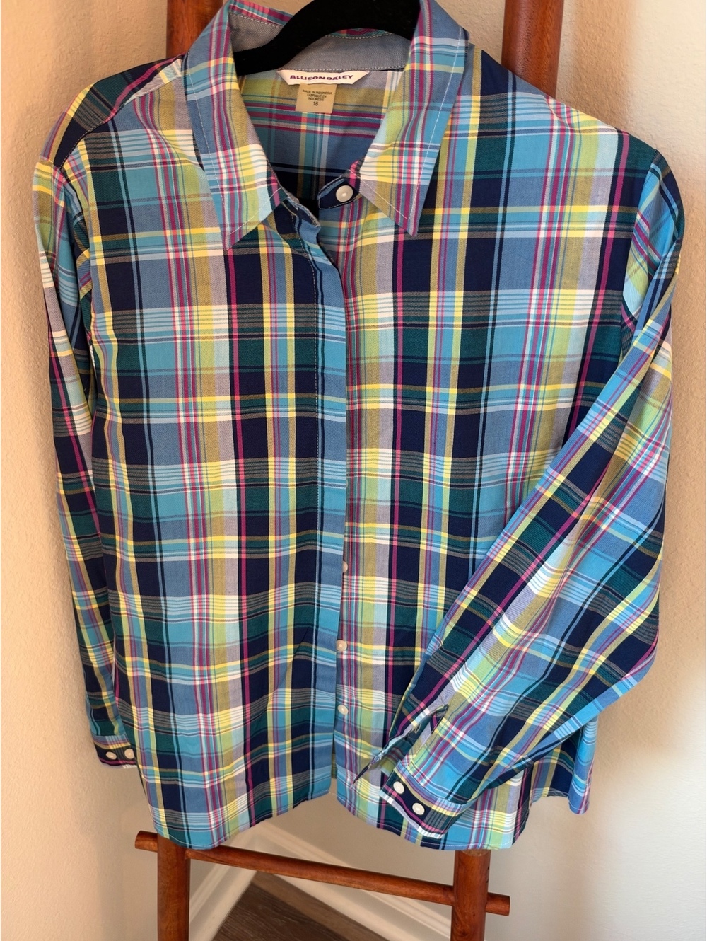 Allison Daley Women's Plaid Button-Up Shirt Size 16 Cotton Blend